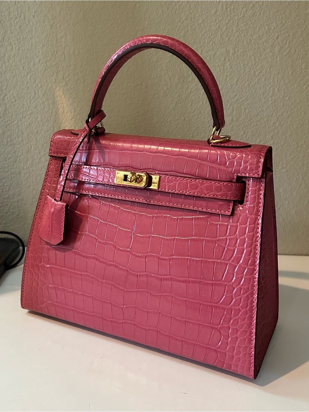 28cm Pink Croc-Embossed Top-Handle Satchel KL Style